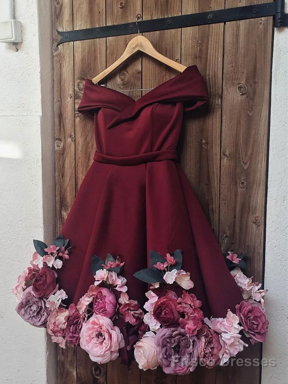 A Line Off Shoulder Short Burgundy Floral Prom Dresses, Short Burgundy Floral Formal Graduation Cocktail Dresses