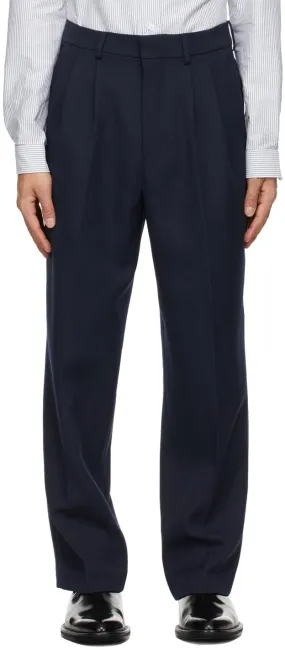 AMI Alexandre Mattiussi Navy Wide Fit Pleated Trousers