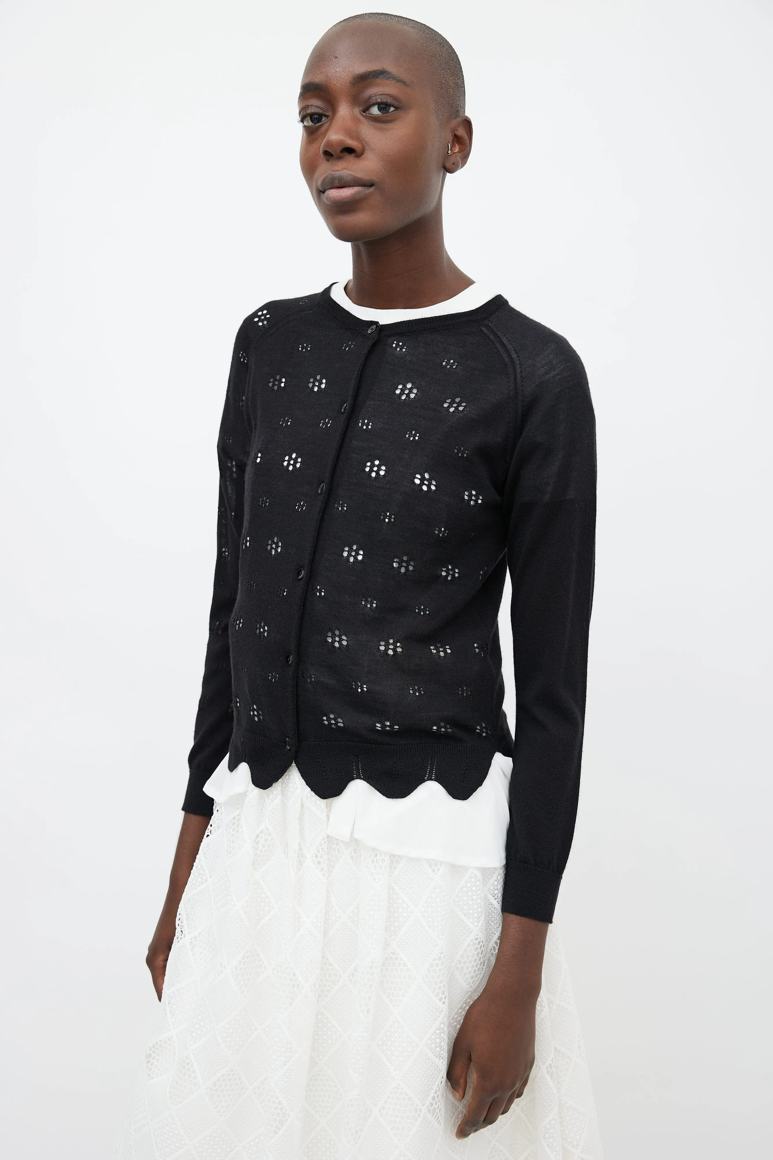 Black Mohair Knit Floral Cut-Out Cardigan