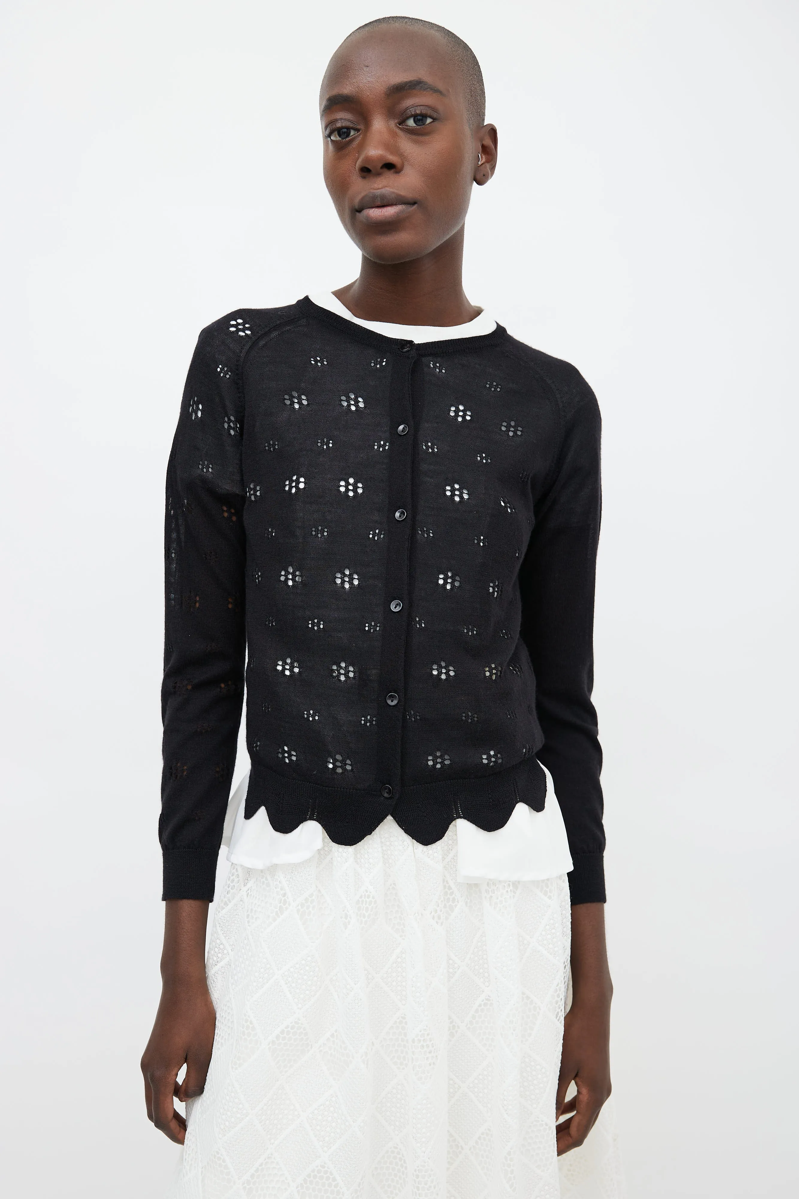 Black Mohair Knit Floral Cut-Out Cardigan
