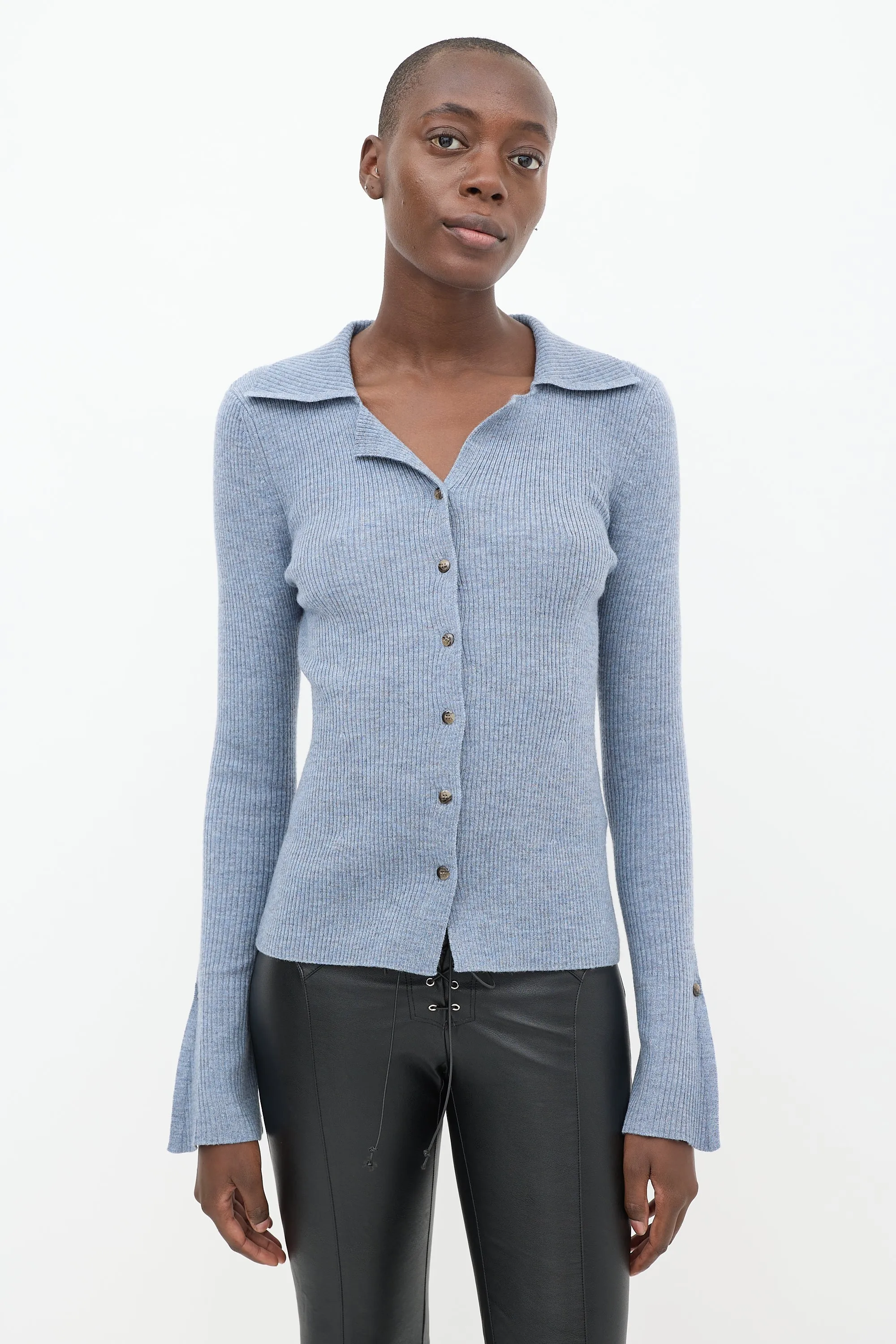 Blue Ribbed Knit Cardigan