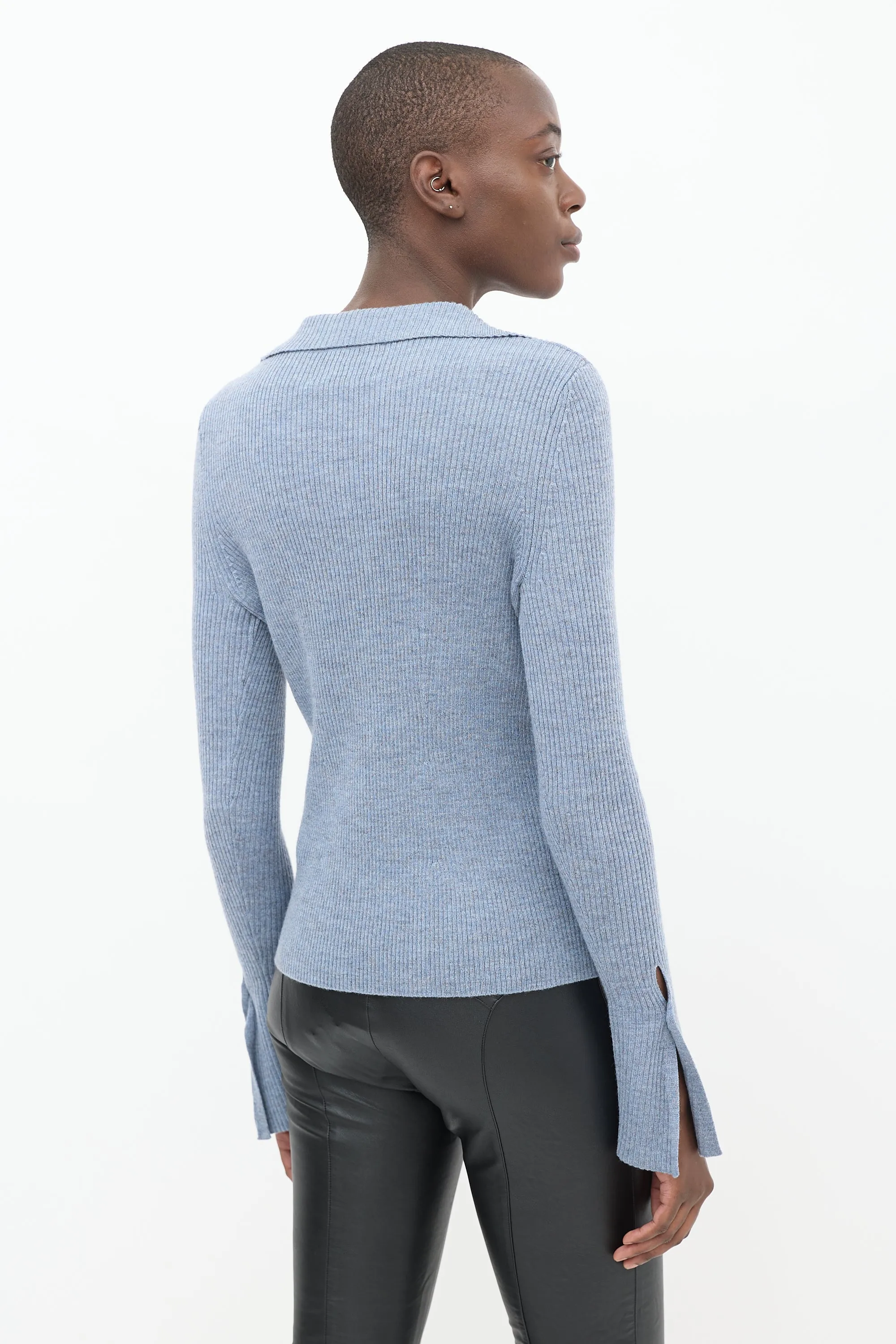 Blue Ribbed Knit Cardigan