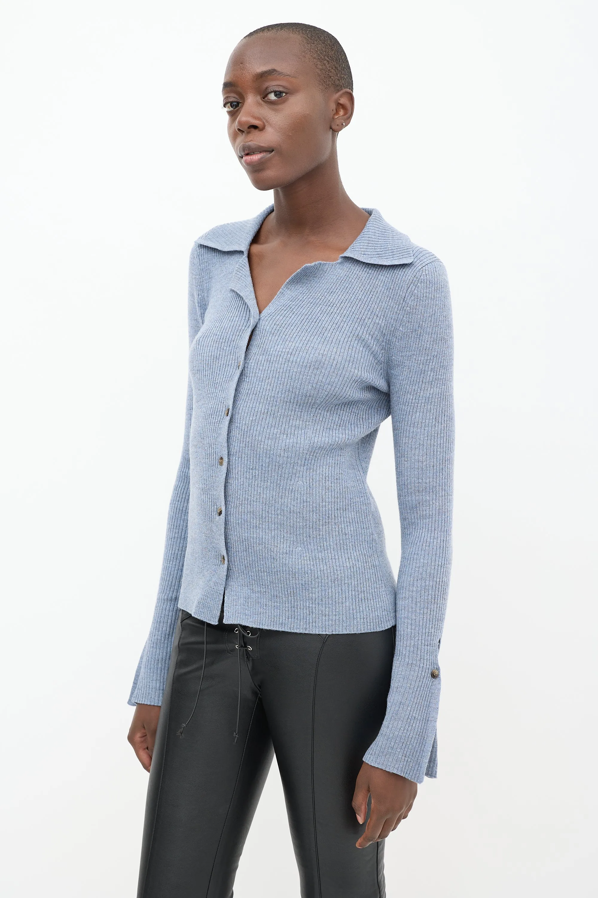 Blue Ribbed Knit Cardigan