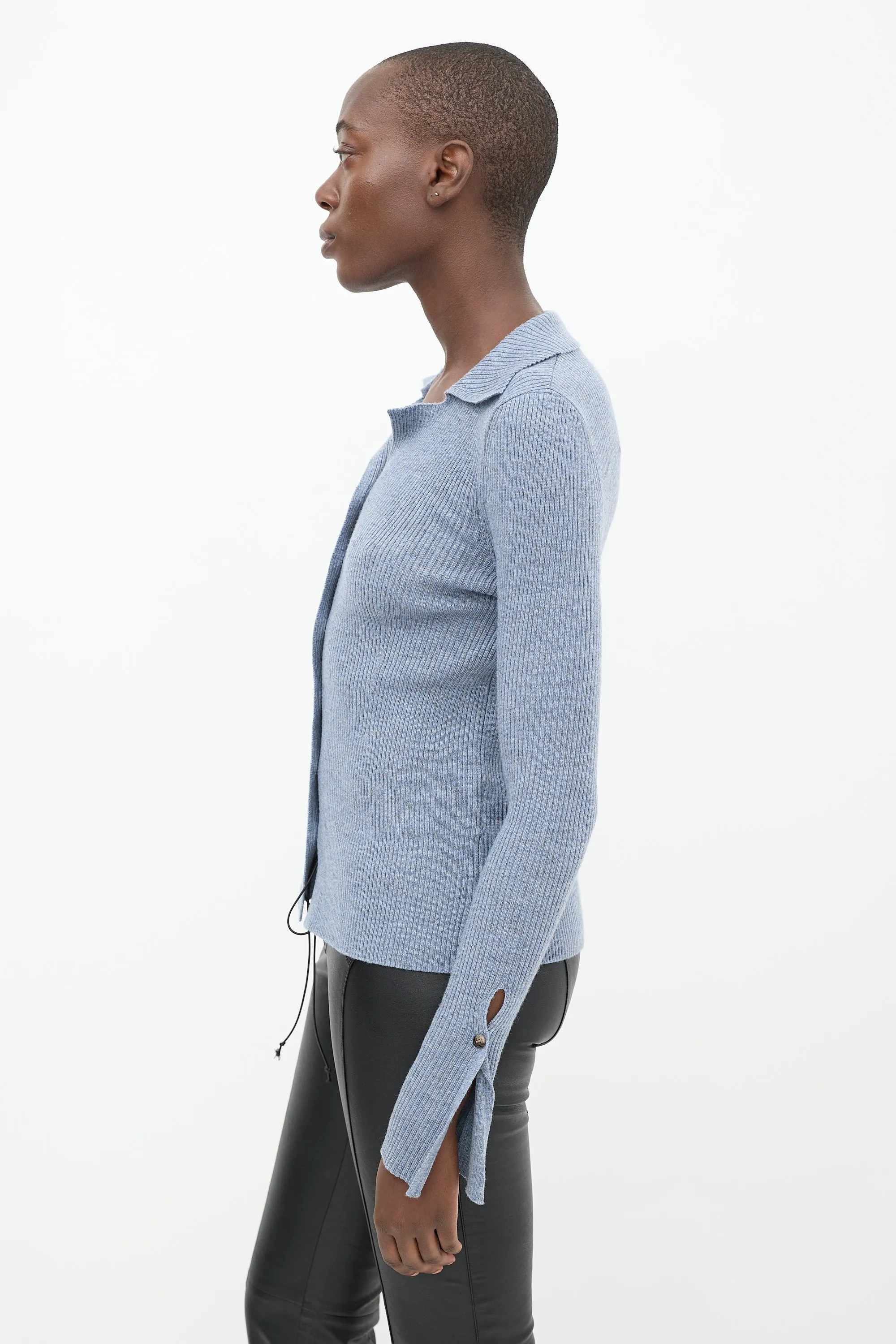 Blue Ribbed Knit Cardigan