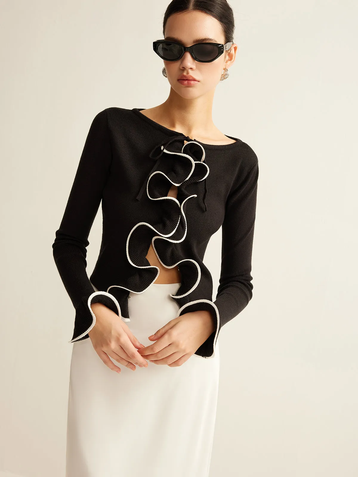 Contrast Ruffle Skinny Cardigan