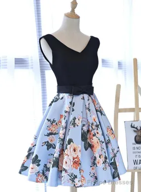 Cute Blue Floral And Black Satin Homecoming Dresses In Stock, Lovely Party Dresses For Teens