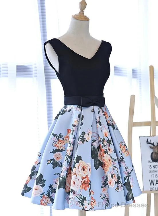 Cute Blue Floral And Black Satin Homecoming Dresses In Stock, Lovely Party Dresses For Teens