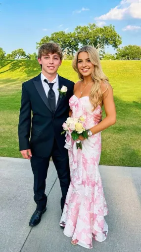 Elegant Dresses Evening Wear Strapless Pink Mermaid Floral Printed Prom Dress Sweet Party Dress Prom Dresses Stores