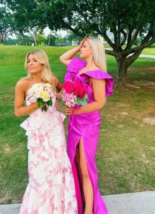 Elegant Dresses Evening Wear Strapless Pink Mermaid Floral Printed Prom Dress Sweet Party Dress Prom Dresses Stores