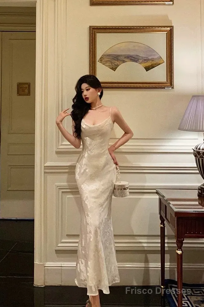 Gorgeous Mermaid Spaghetti Straps Date Night Dress Floral Ivory Satin Prom Dresses Birthday Outfit