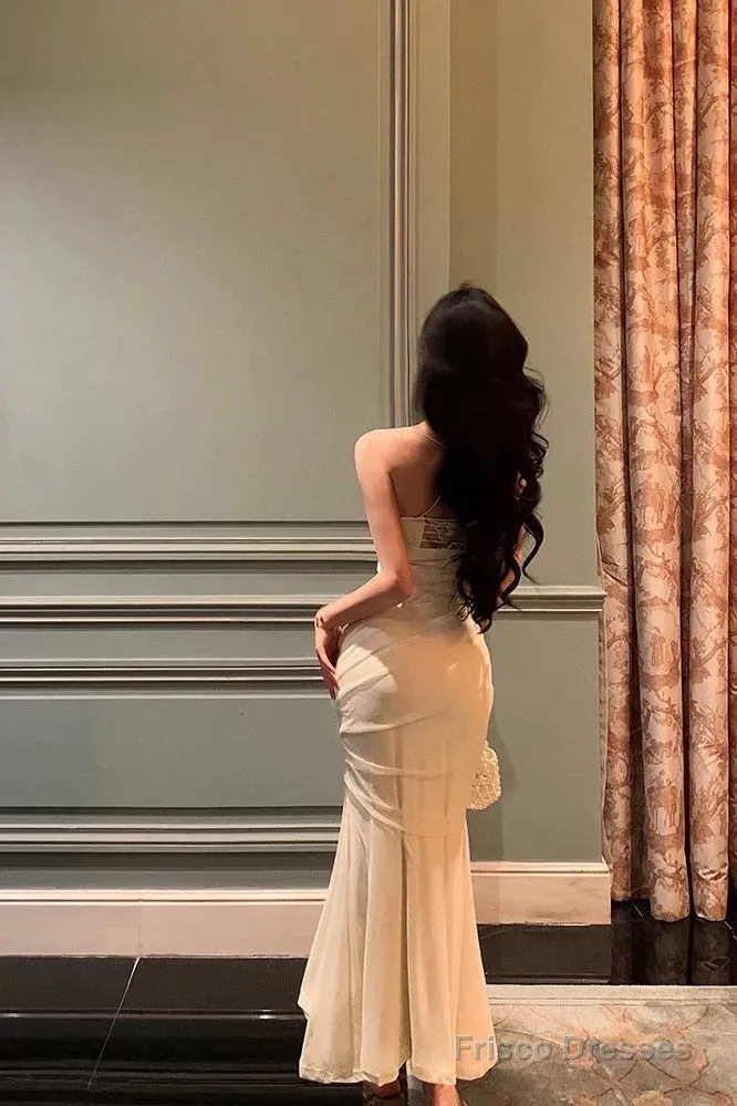 Gorgeous Mermaid Spaghetti Straps White Floral Date Night Dress Long Prom Dresses Birthday Outfits