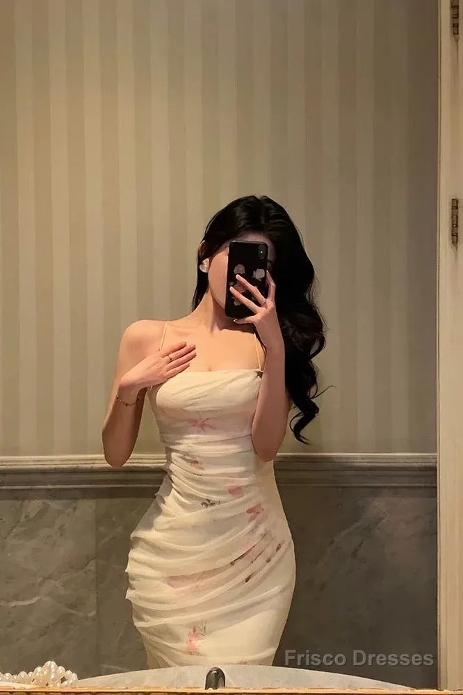 Gorgeous Mermaid Spaghetti Straps White Floral Date Night Dress Long Prom Dresses Birthday Outfits